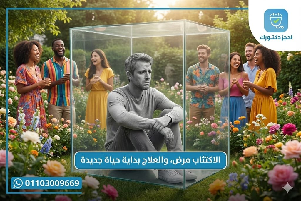 رجل يبدو حزينًا يجلس داخل صندوق زجاجي شفاف في حديقة مليئة بالزهور، بينما يقف حوله أشخاص يضحكون ويتحدثون في أجواء مبهجة، في إشارة إلى شعور مريض الاكتئاب بالعزلة رغم وجوده بين الآخرين